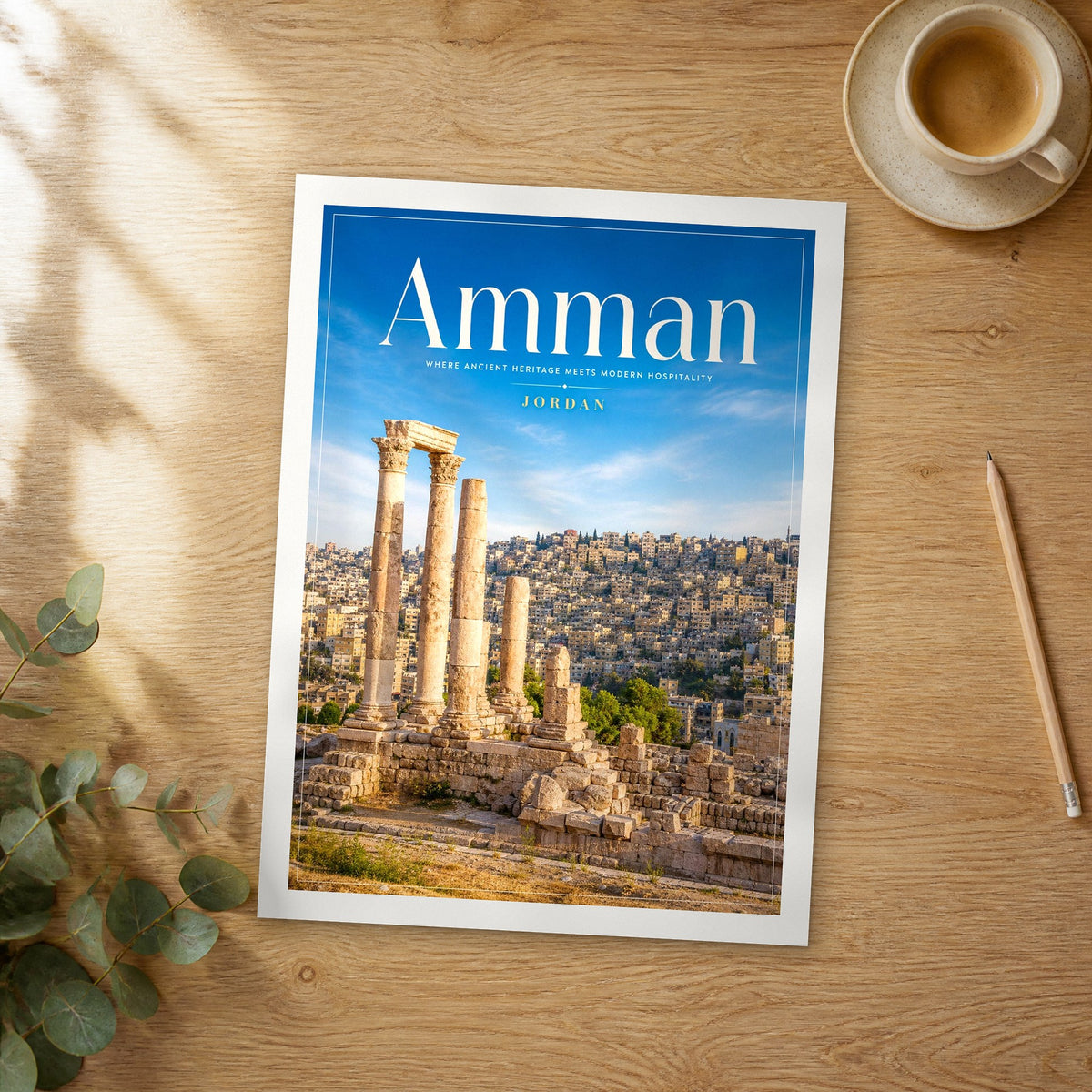 Unframed Amman editorial travel poster on a wooden table