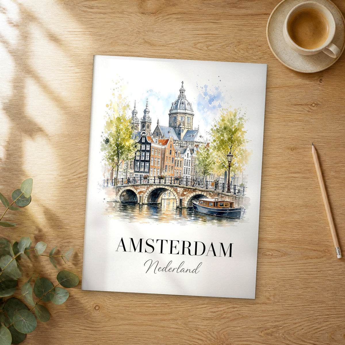 Unframed Amsterdam Canal Houseboat watercolor travel poster on a wooden table