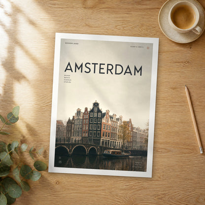 Unframed Amsterdam Canal Houses bold typography travel poster on a wooden table