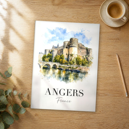 Unframed Angers watercolor travel poster on a wooden table