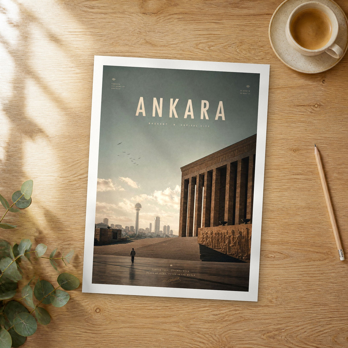 Unframed Ankara Anıtkabir Mausoleum bold typography travel poster on a wooden table