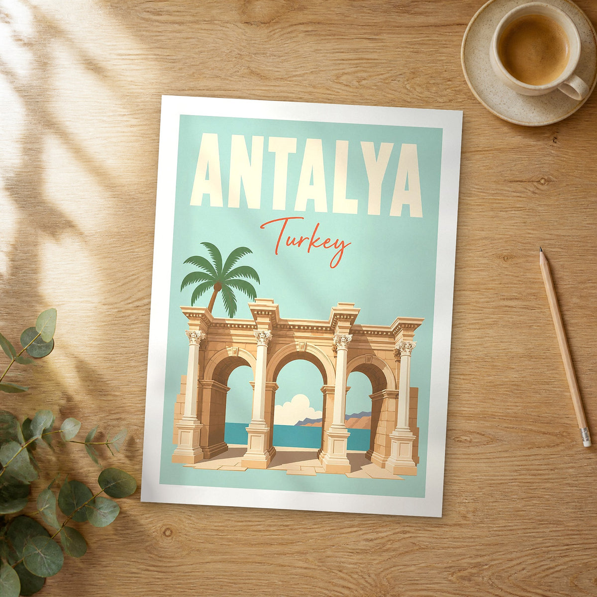 Unframed Antalya pastel pop art travel poster on a wooden table