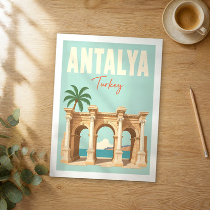 Unframed Antalya pastel pop art travel poster on a wooden table