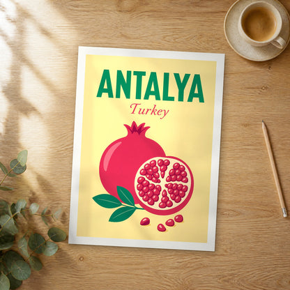 Unframed Antalya pop art travel poster on a wooden table