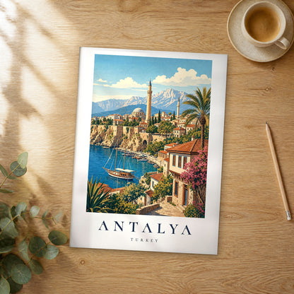 Unframed Antalya vintage travel poster on a wooden table