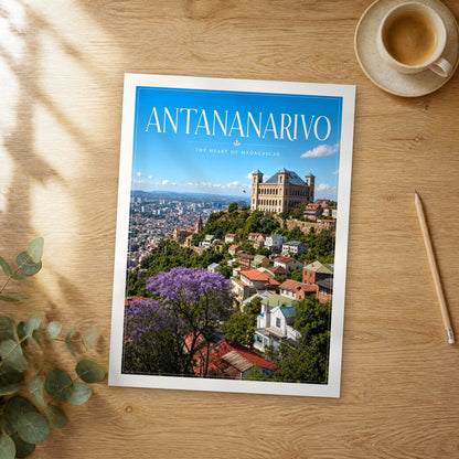 Unframed Antananarivo editorial travel poster on a wooden table