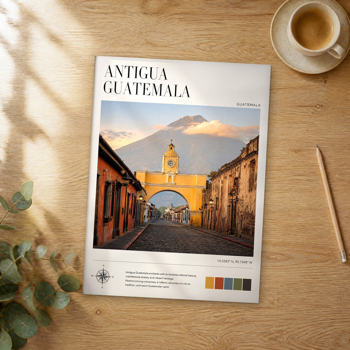 Unframed Antigua Guatemala modern photography travel poster on a wooden table