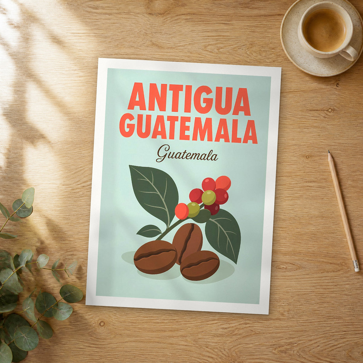 Unframed Antigua Guatemala pop art travel poster on a wooden table