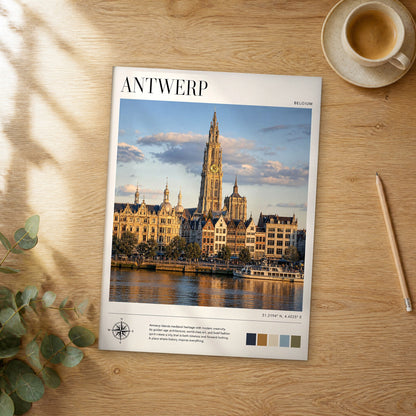 Unframed Antwerp modern photography travel poster on a wooden table