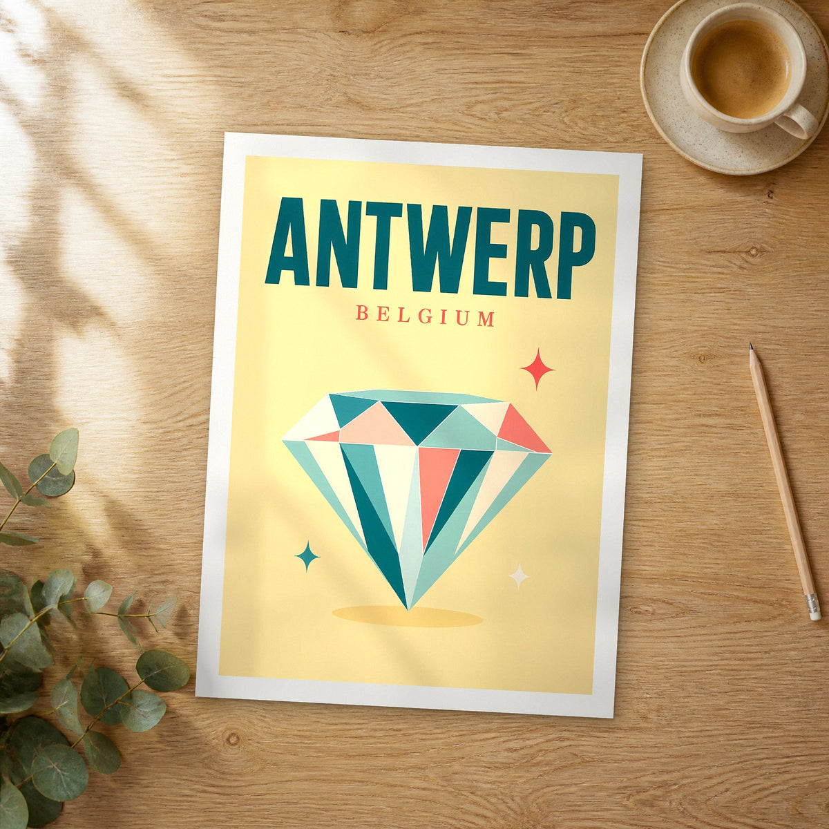 Unframed Antwerp pop art travel poster on a wooden table