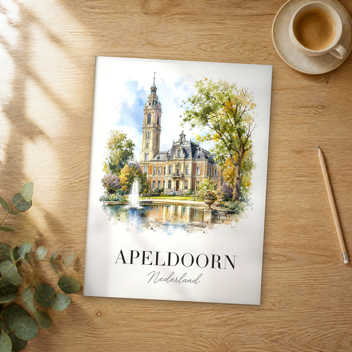 Unframed Apeldoorn watercolor travel poster on a wooden table