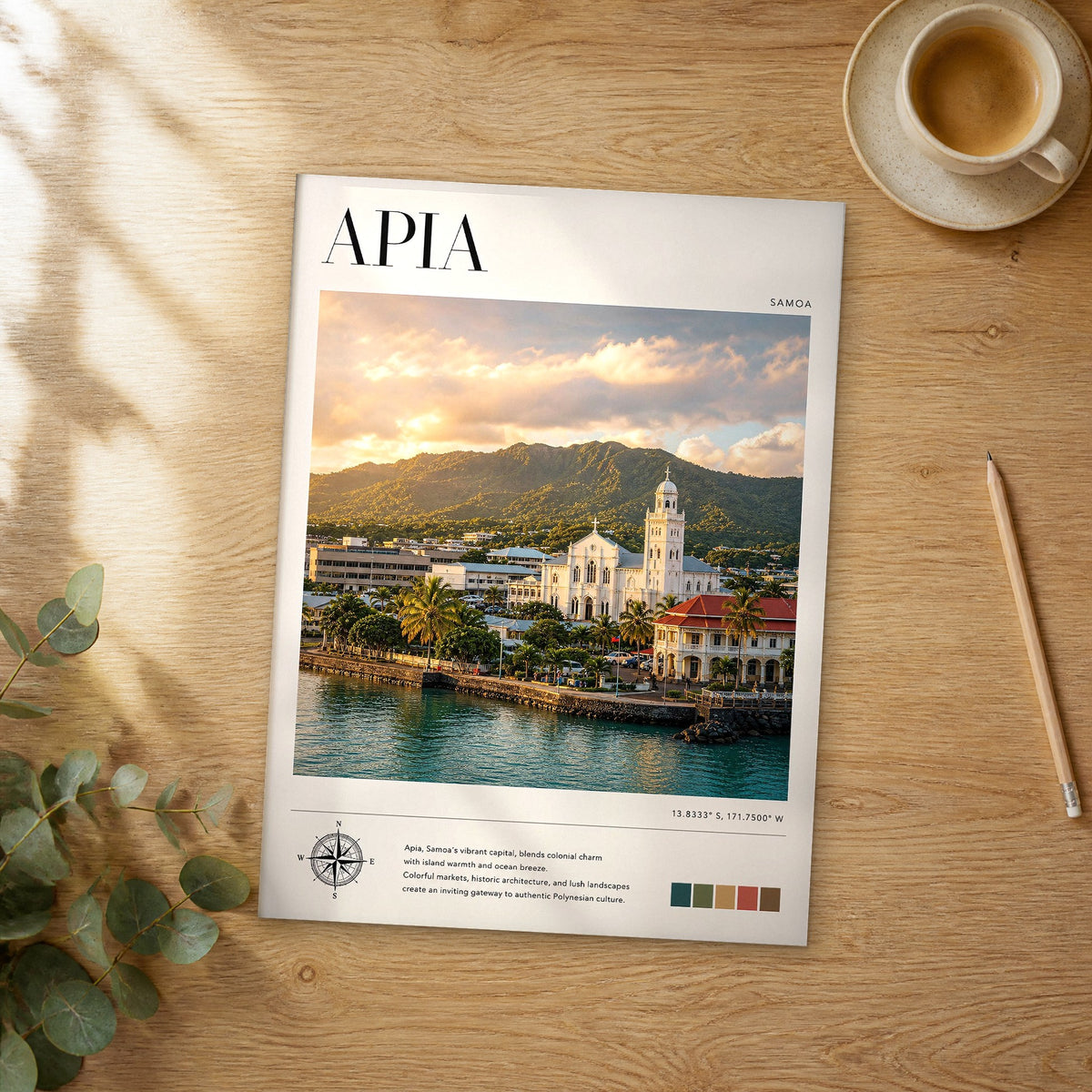 Unframed Apia modern photography travel poster on a wooden table