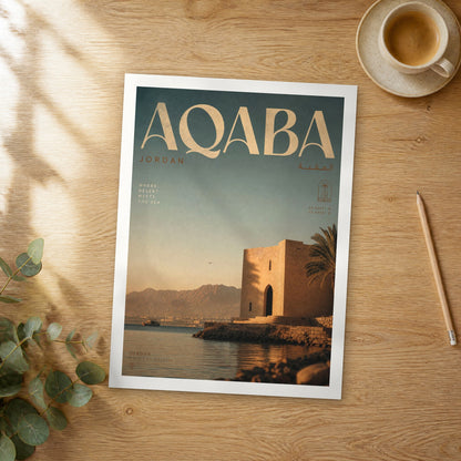Unframed Aqaba bold typography travel poster on a wooden table