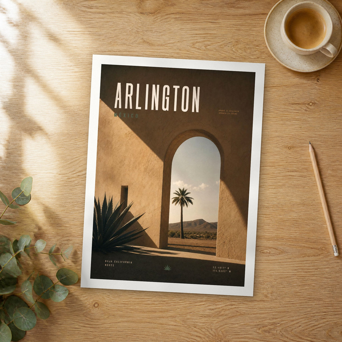 Unframed Arlington bold typography travel poster on a wooden table