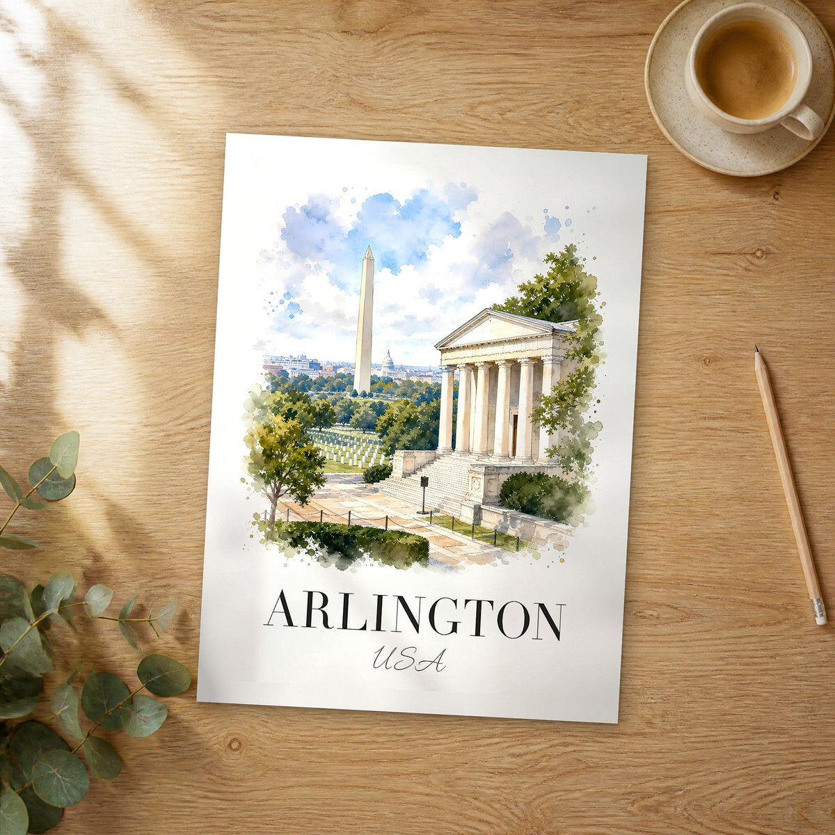 Unframed Arlington watercolor travel poster on a wooden table