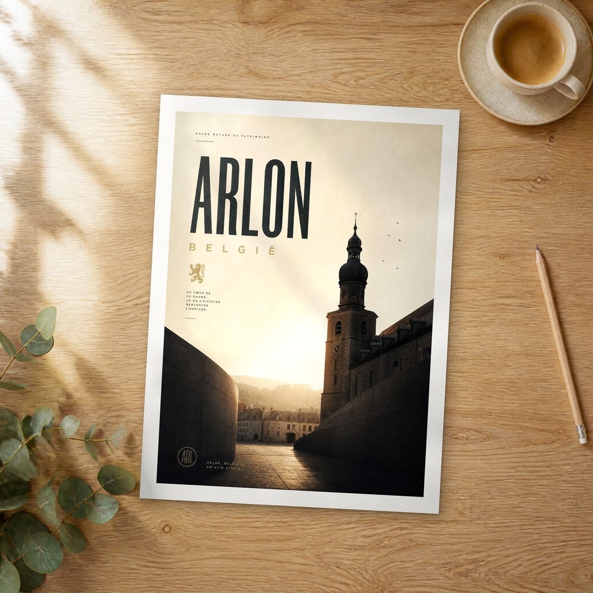 Unframed Arlon bold typography travel poster on a wooden table