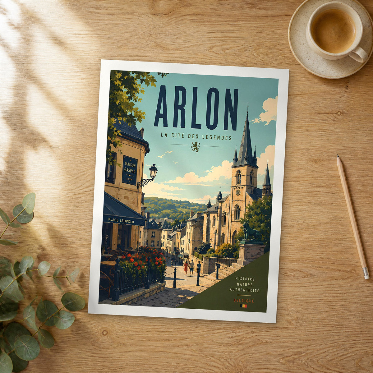 Unframed Arlon retro travel poster on a wooden table