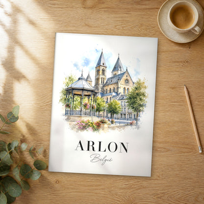 Unframed Arlon watercolor travel poster on a wooden table