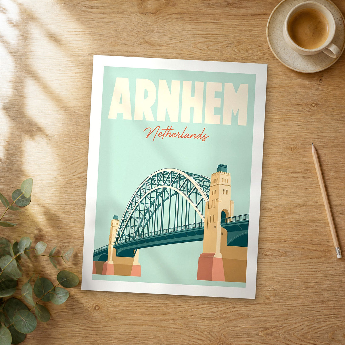 Unframed Arnhem pastel pop art travel poster on a wooden table