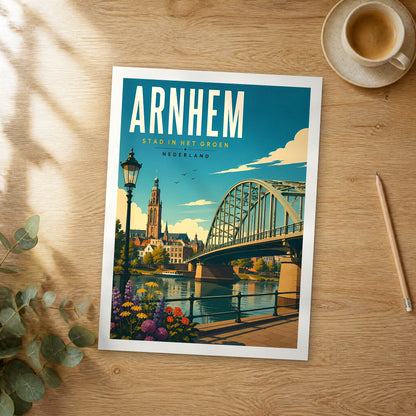 Unframed Arnhem retro travel poster on a wooden table