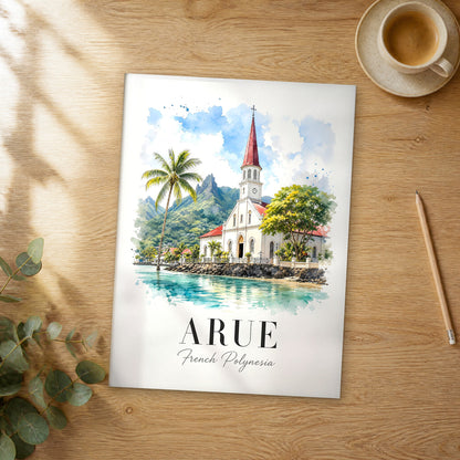 Unframed Arue watercolor travel poster on a wooden table