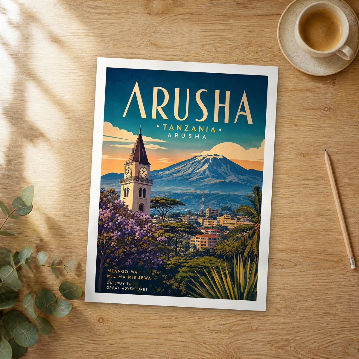Unframed Arusha Clock Tower and Mount Meru retro travel poster on a wooden table