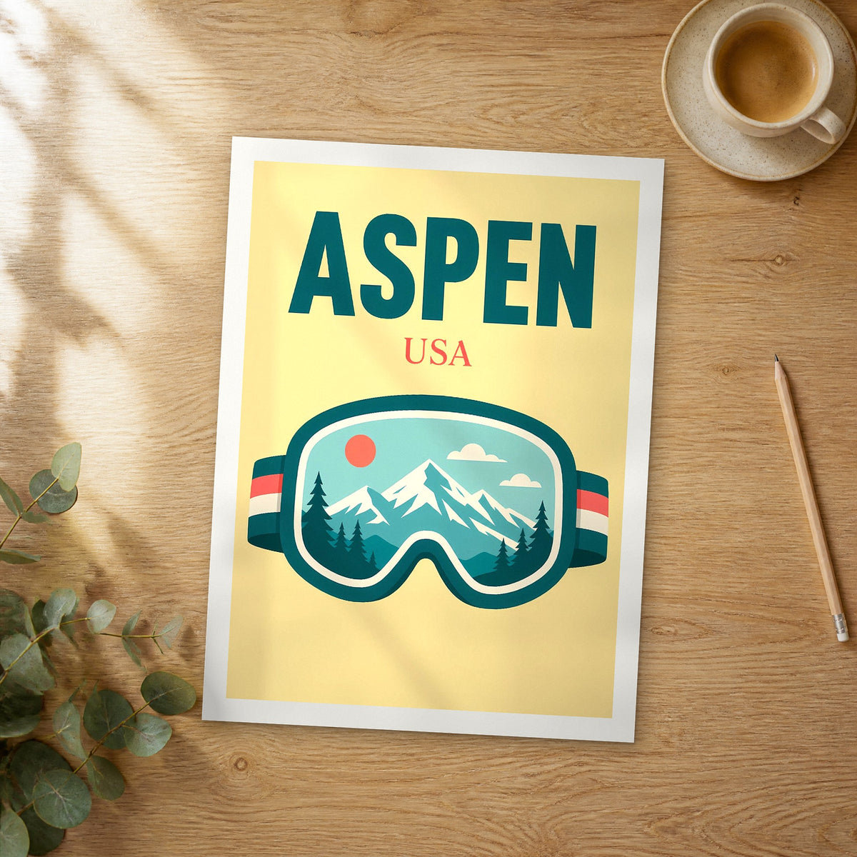 Unframed Aspen pop art travel poster on a wooden table