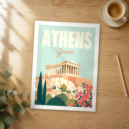 Unframed Athens pastel pop art travel poster on a wooden table