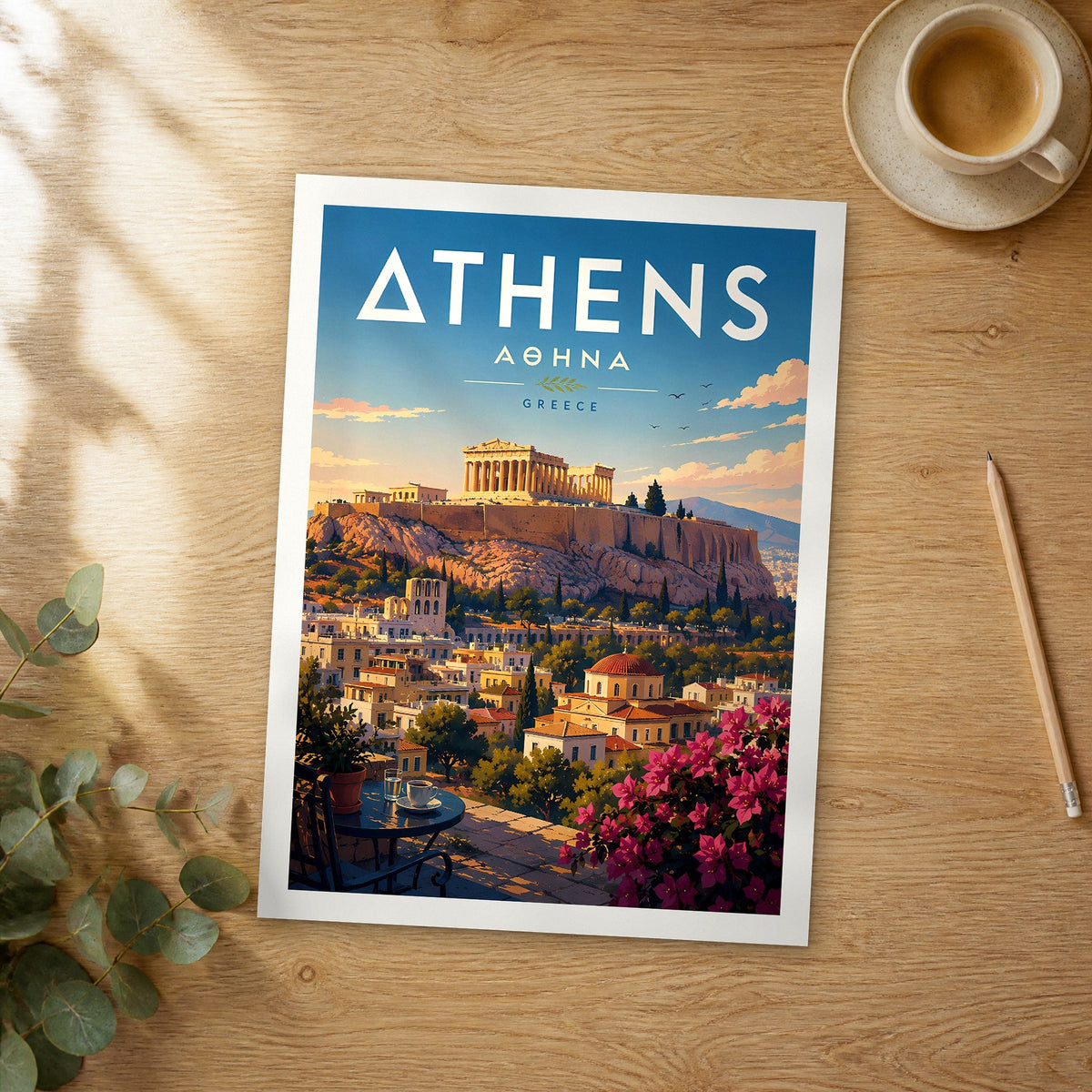 Unframed Athens retro travel poster on a wooden table