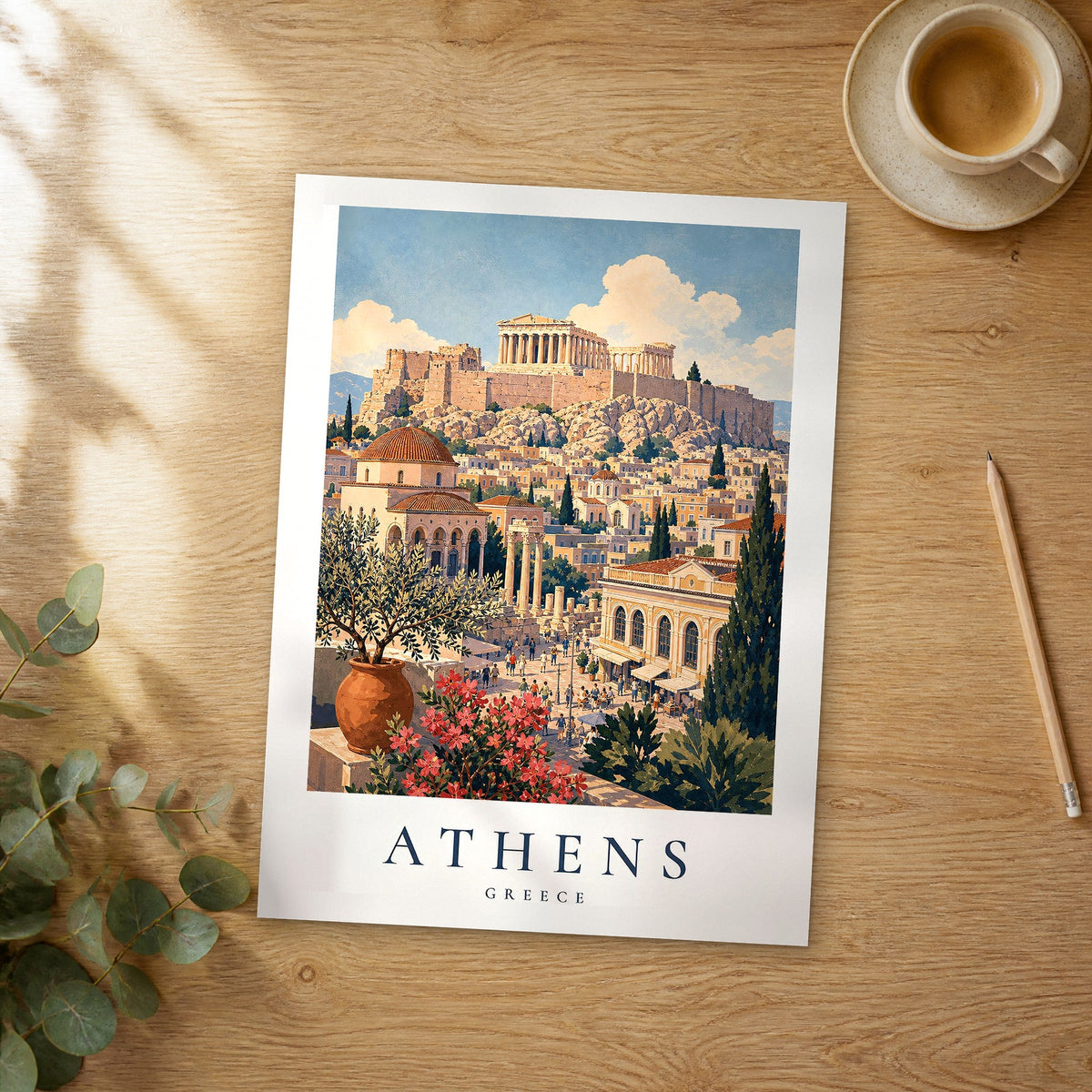 Unframed Athens vintage travel poster on a wooden table
