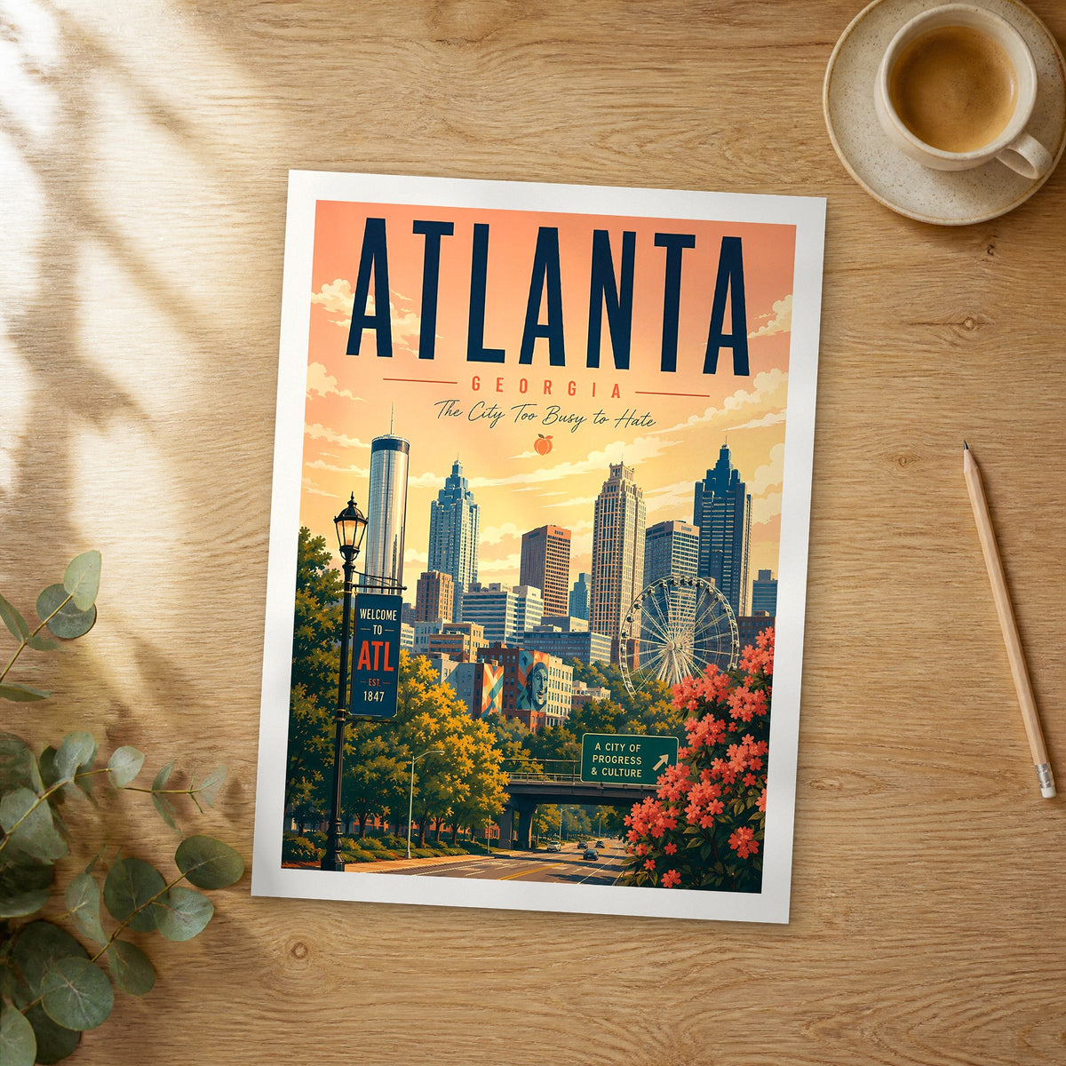 Unframed Atlanta retro travel poster on a wooden table