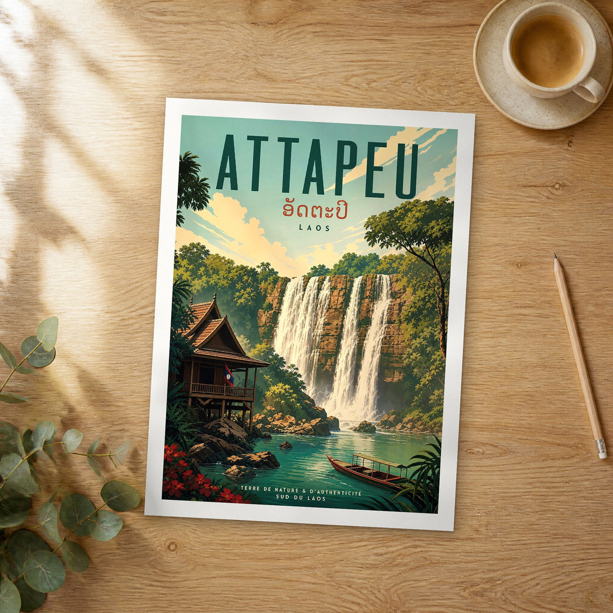 Unframed Attapeu retro travel poster on a wooden table