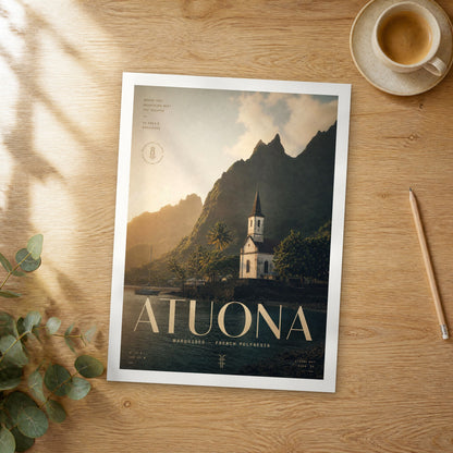 Unframed Atuona bold typography travel poster on a wooden table