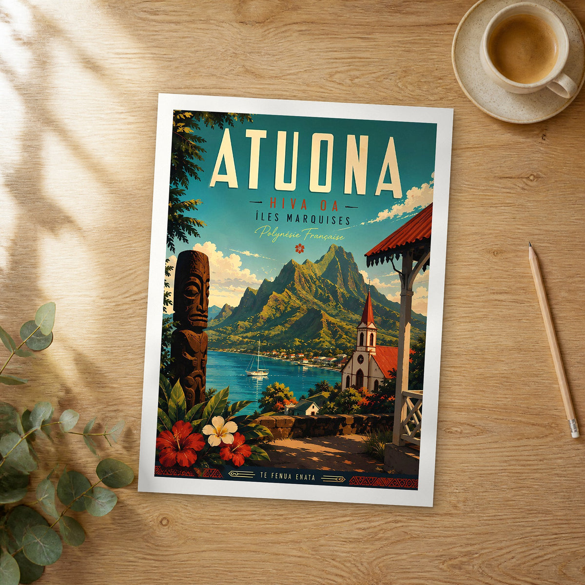 Unframed Atuona retro travel poster on a wooden table