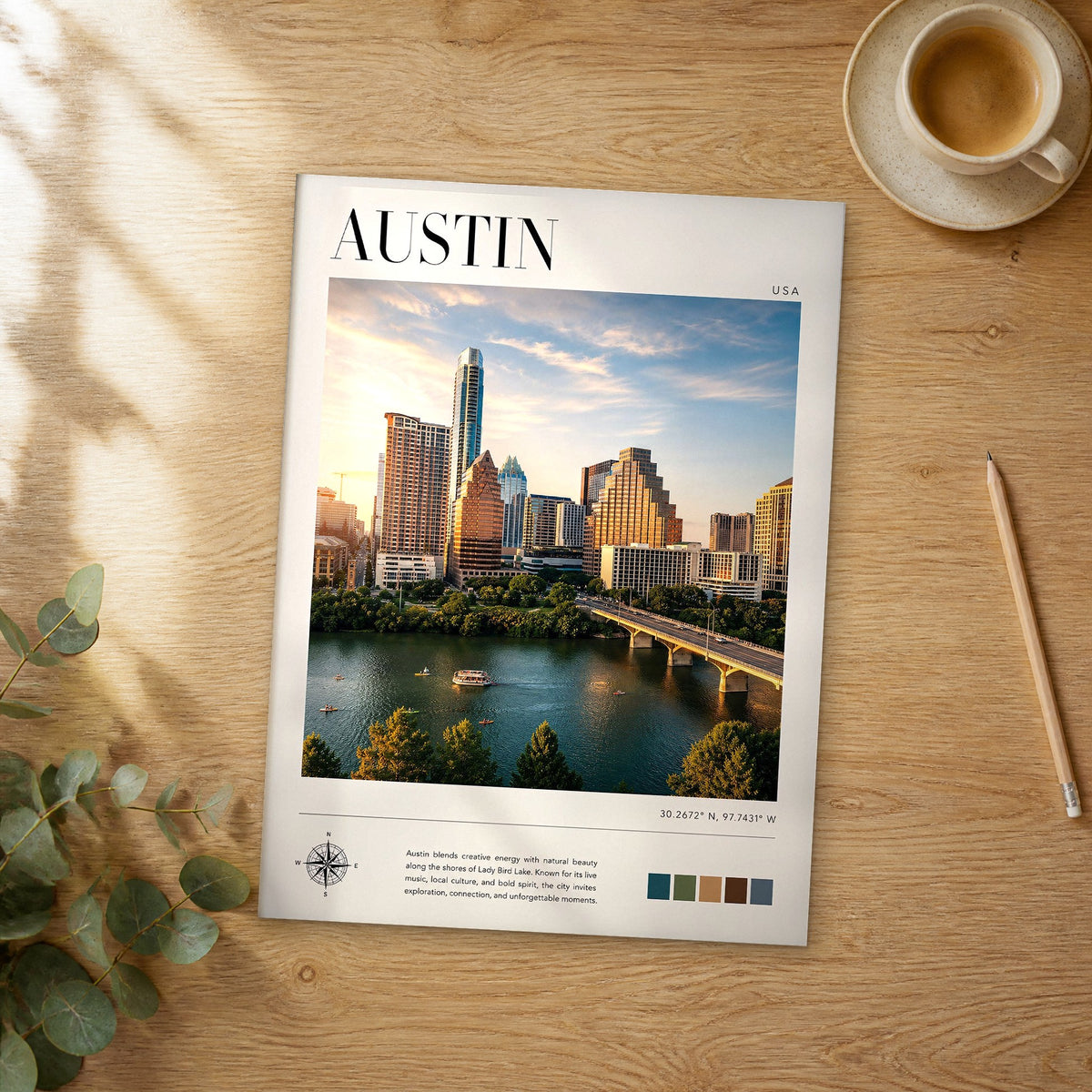 Unframed Austin modern photography travel poster on a wooden table