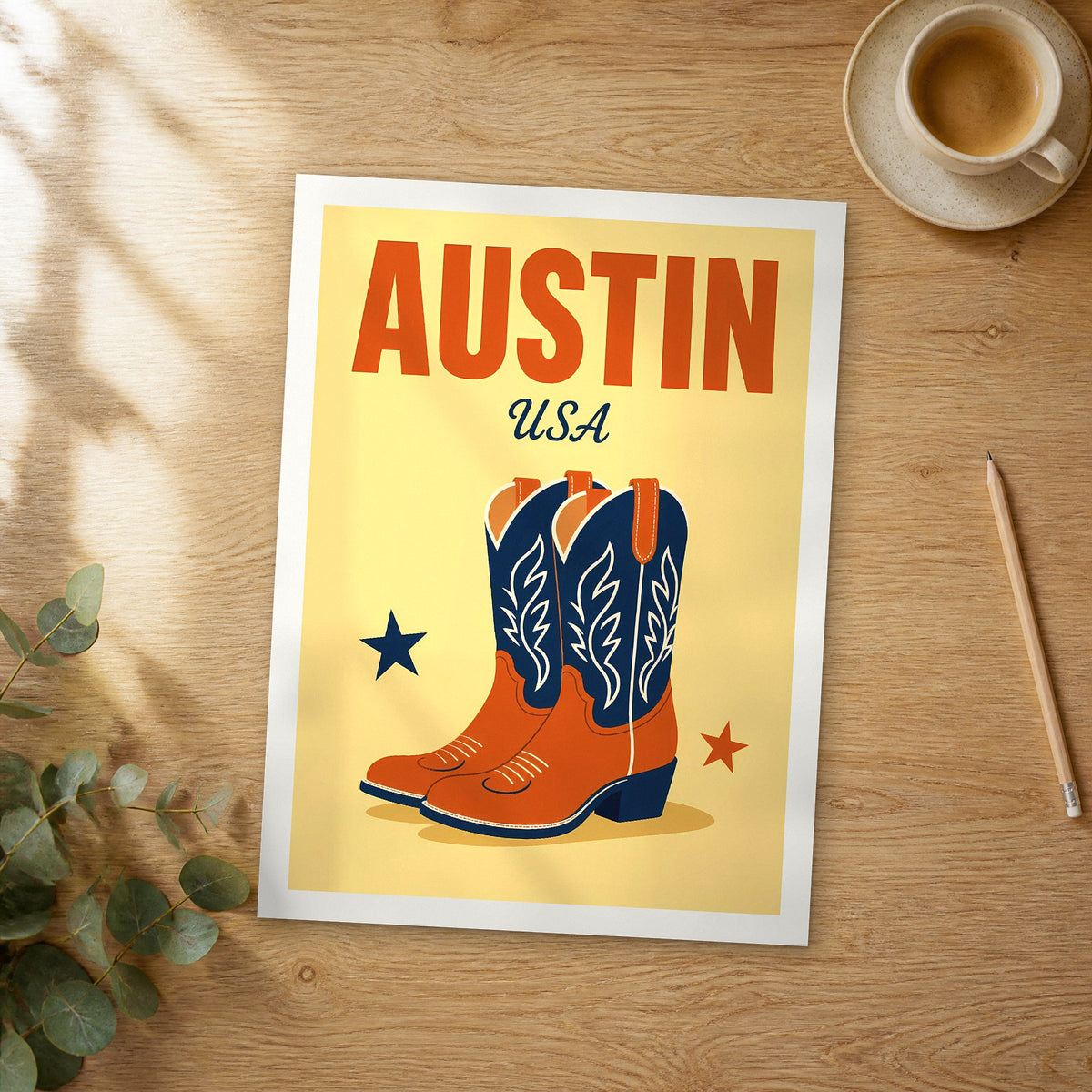 Unframed Austin pop art travel poster on a wooden table