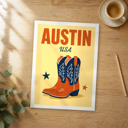 Unframed Austin pop art travel poster on a wooden table