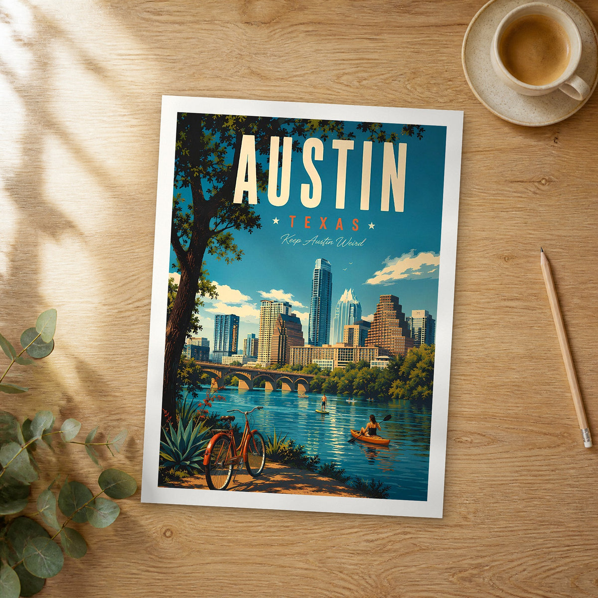 Unframed Austin retro travel poster on a wooden table
