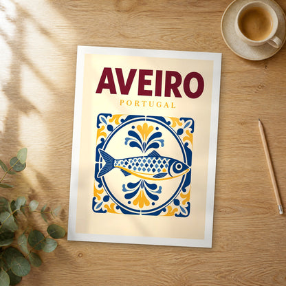 Unframed Aveiro pop art travel poster on a wooden table