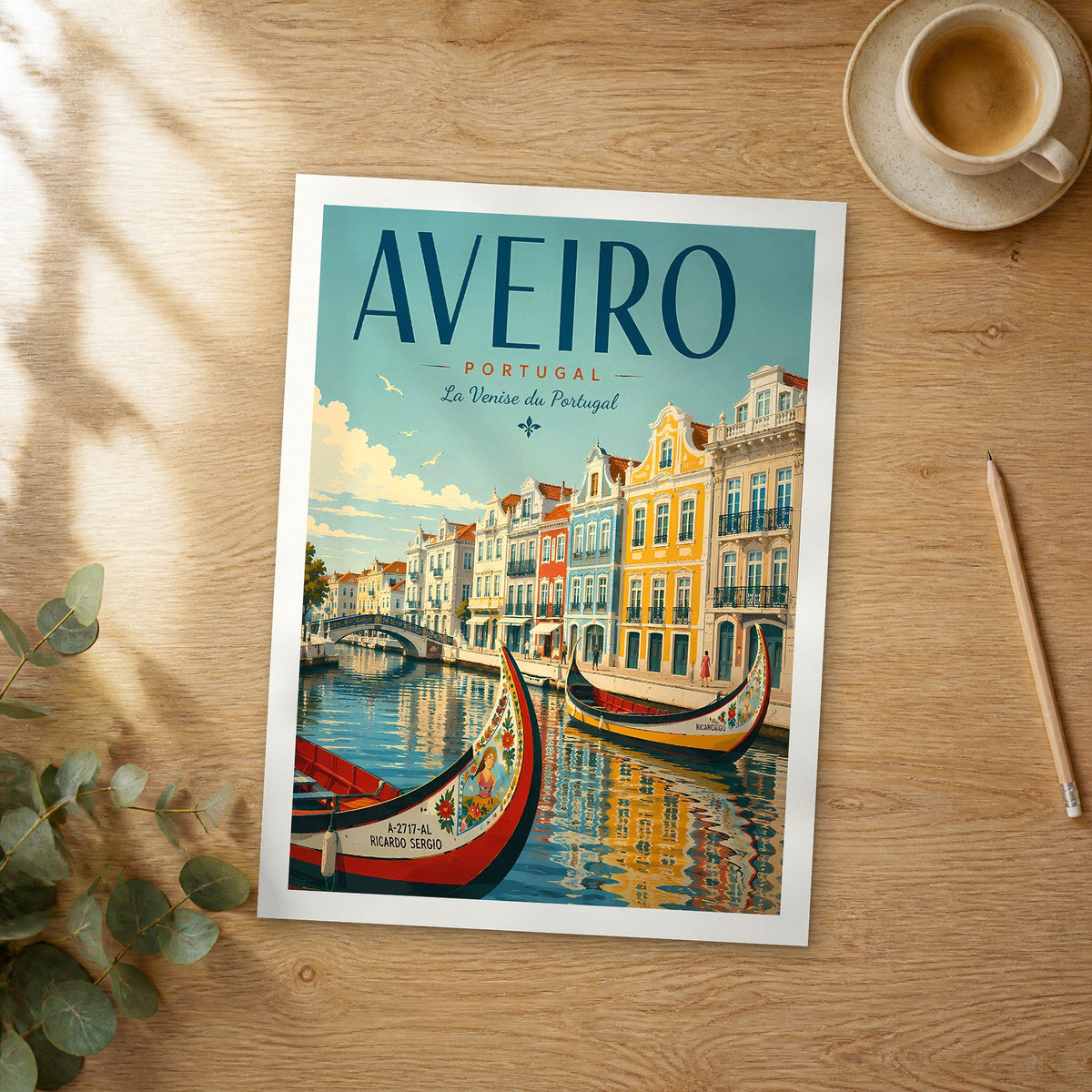 Unframed Aveiro retro travel poster on a wooden table