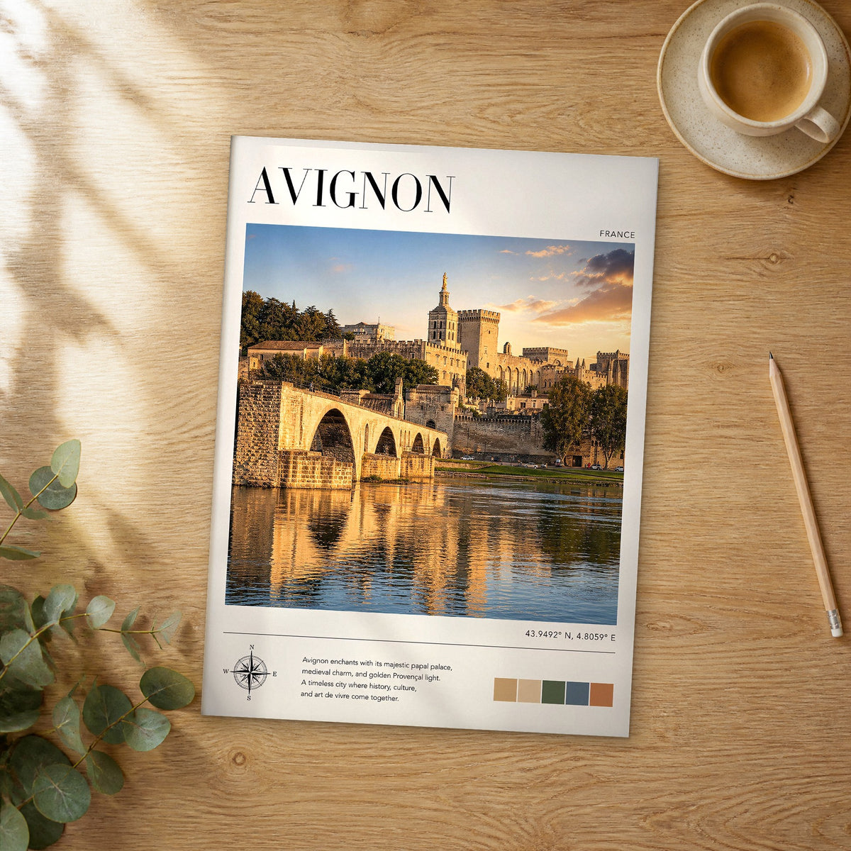 Unframed Avignon modern photography travel poster on a wooden table