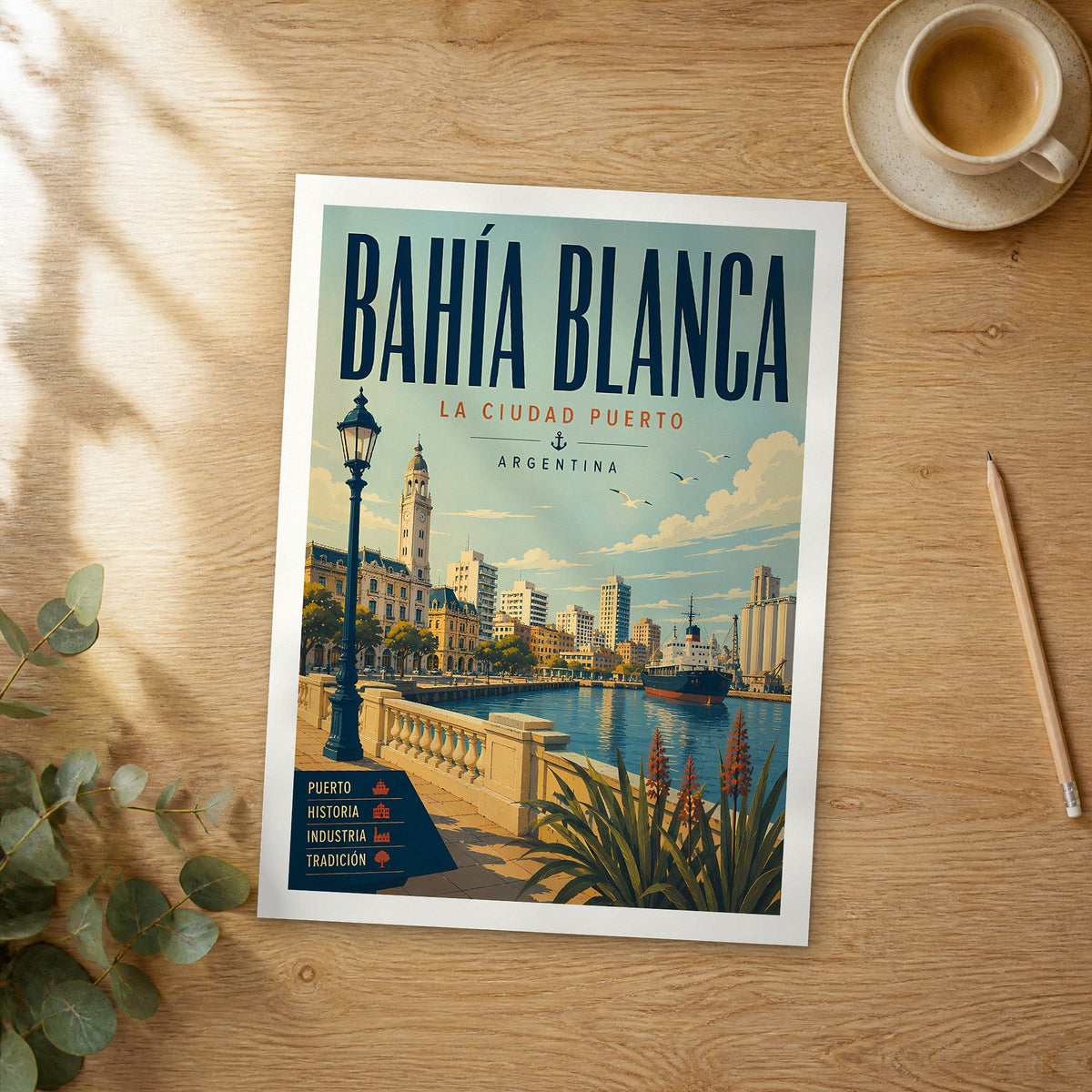 Unframed Bahía Blanca retro travel poster on a wooden table