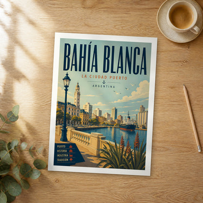 Unframed Bahía Blanca retro travel poster on a wooden table