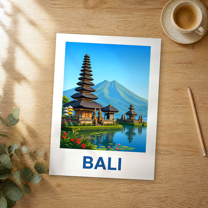 Unframed Bali modern digital travel poster on a wooden table