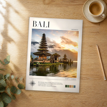 Unframed Bali modern photography travel poster on a wooden table