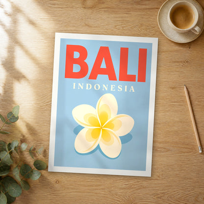 Unframed Bali pop art travel poster on a wooden table
