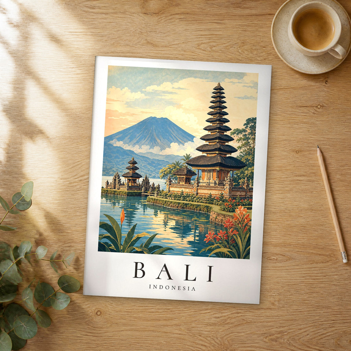 Unframed Bali vintage travel poster on a wooden table