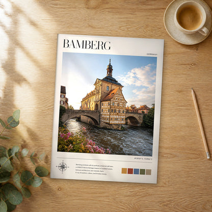 Unframed Bamberg modern photography travel poster on a wooden table