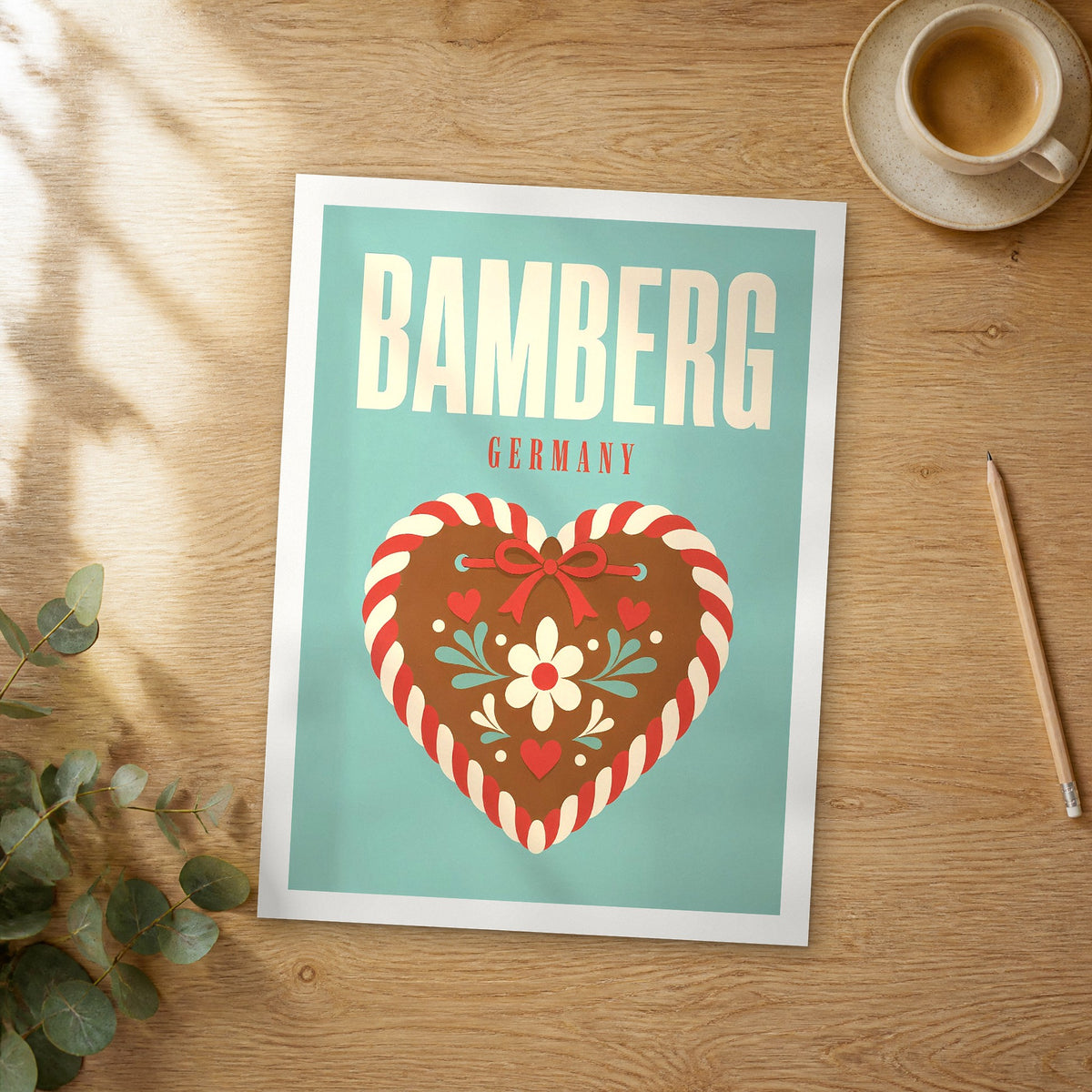 Unframed Bamberg pop art travel poster on a wooden table