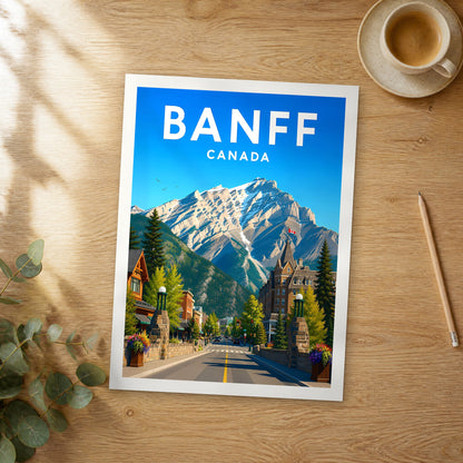 Unframed Banff Banff Avenue vibrant digital travel poster on a wooden table